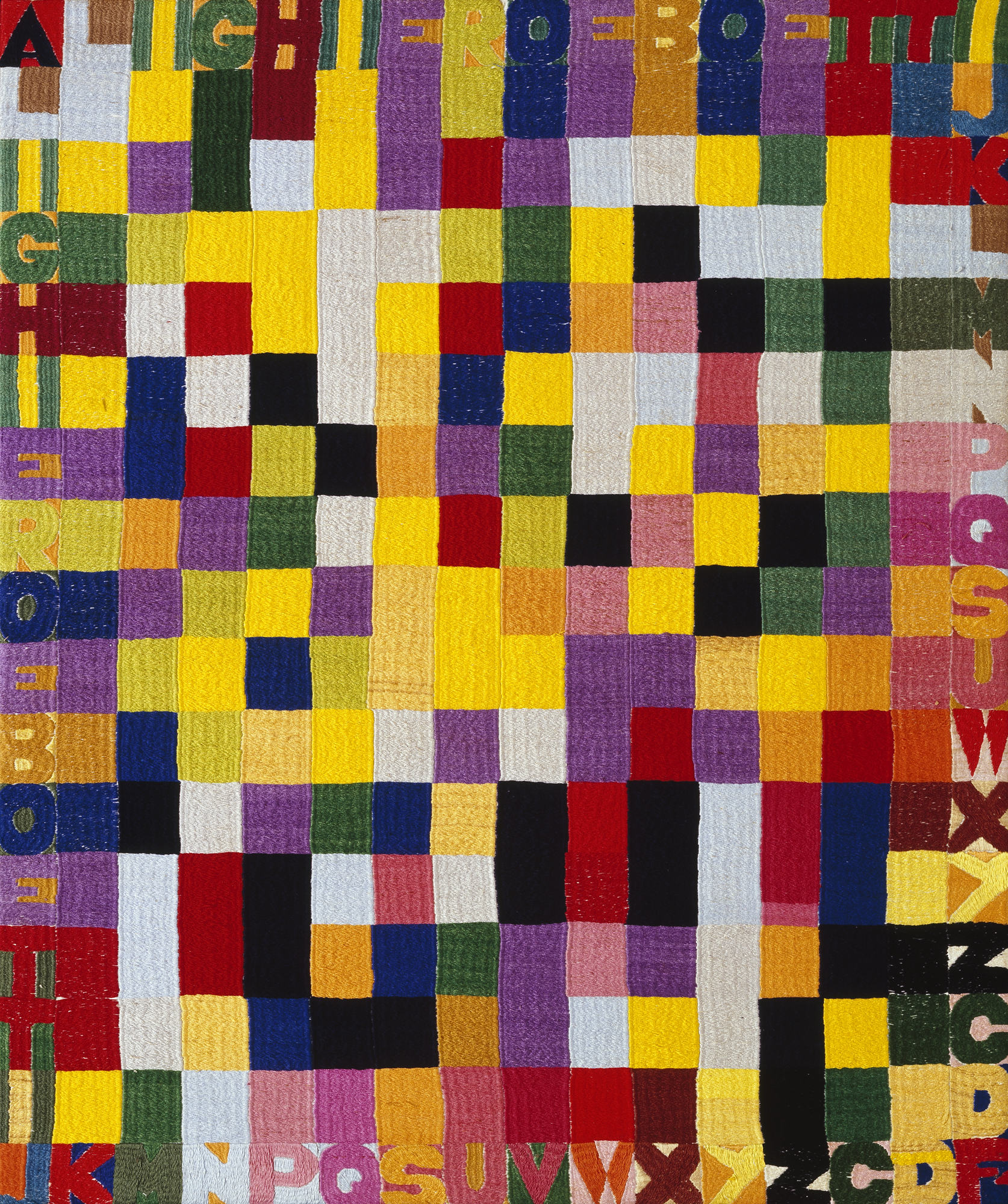 Alighiero Boetti (Torino 1940 - Roma 1994) Senza titolo (Alighiero e Boetti), 1979 ricamo su tessuto, 78 x 65 cm Collezione Luigi e Peppino Agrati