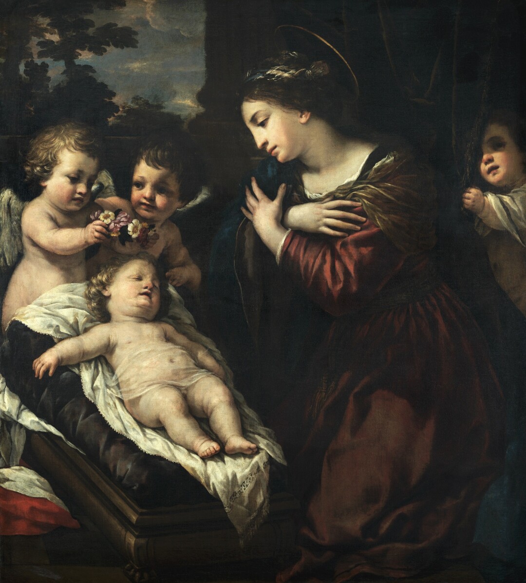 Madonna in Adorazione del Bambino dormiente e angeli