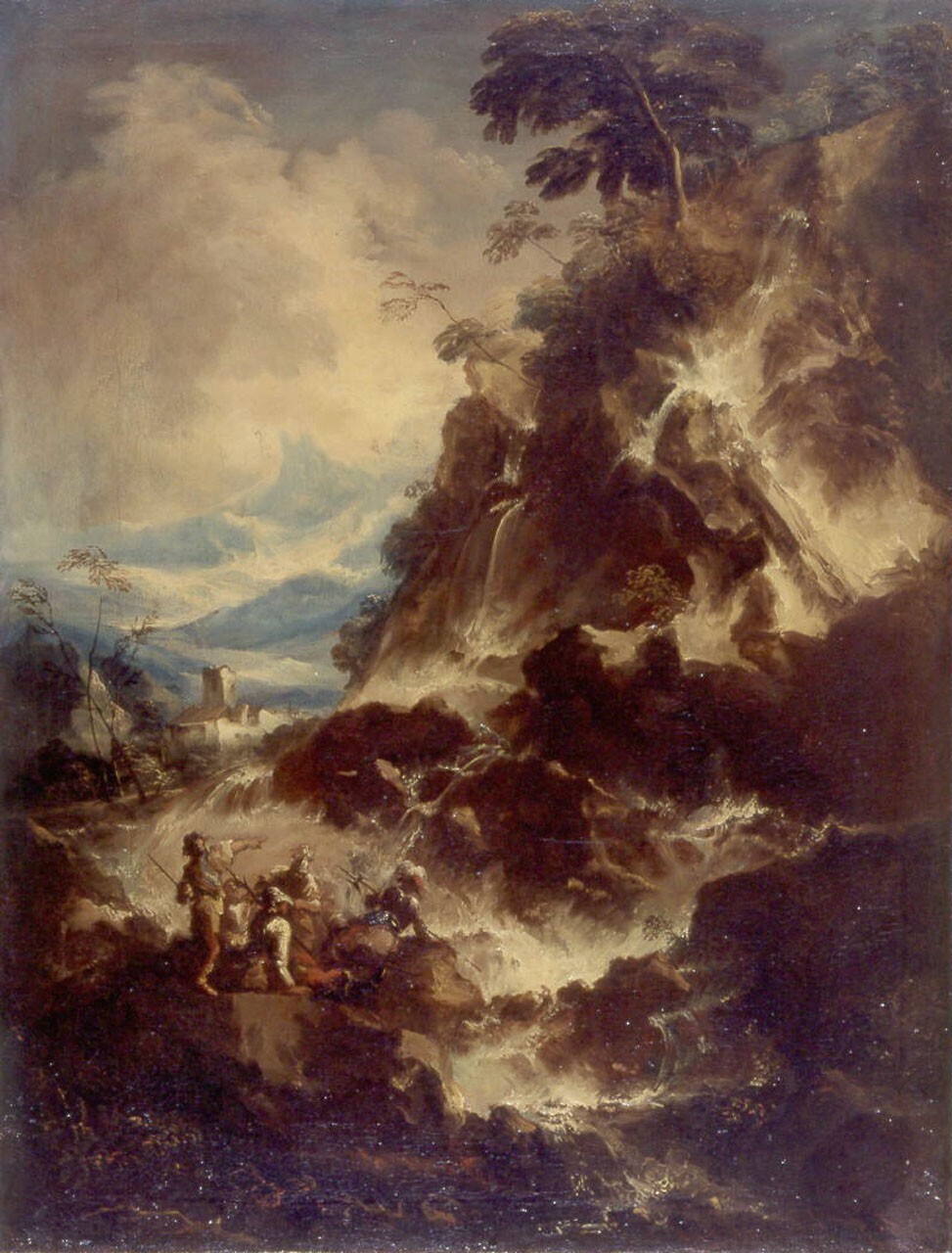 Paesaggio con cascata ed armigeri