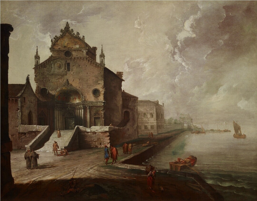 Capriccio con chiesa gotica e laguna