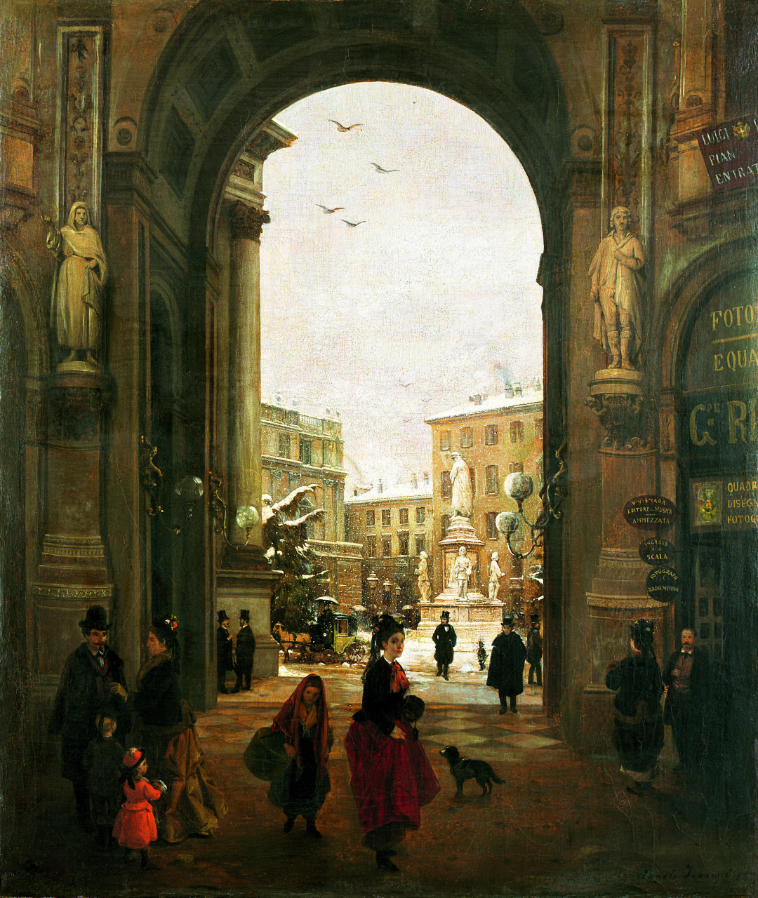 Veduta di piazza della Scala con neve cadente vista dalla Galleria