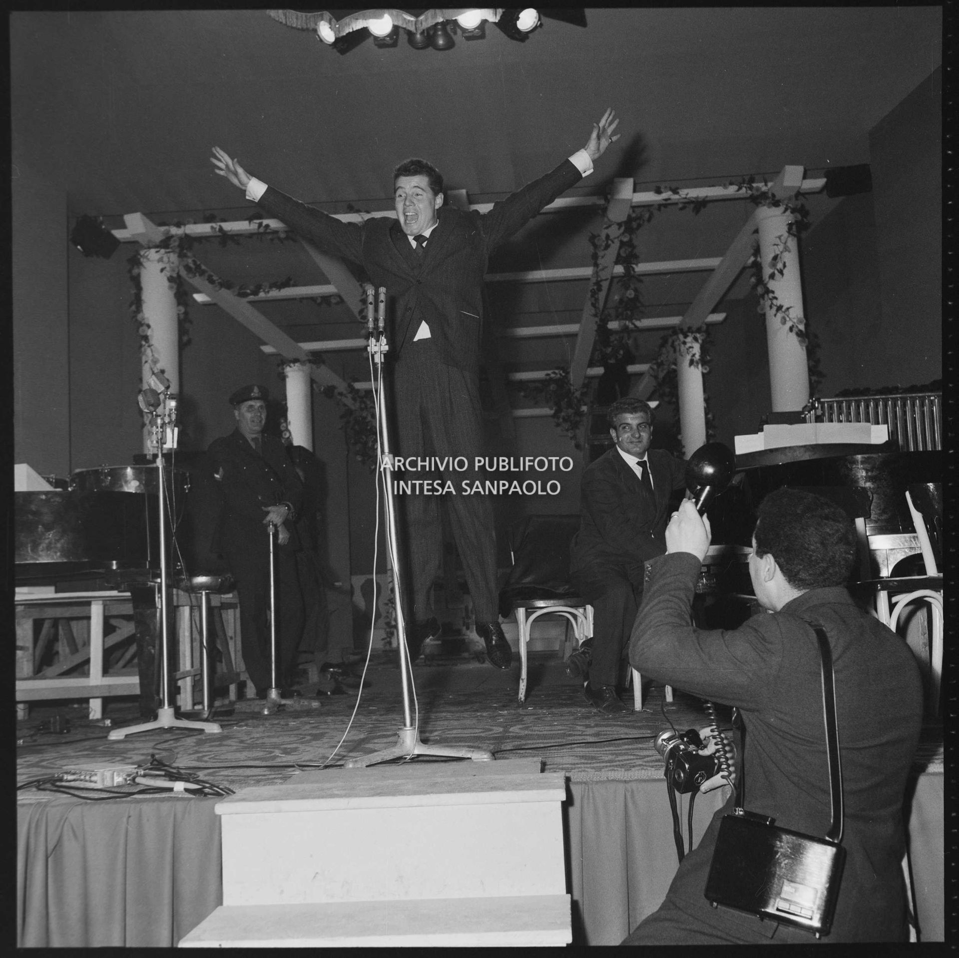 Joe Sentieri rehearses his famous jump ahead of his performance at the 11th Sanremo Festival
