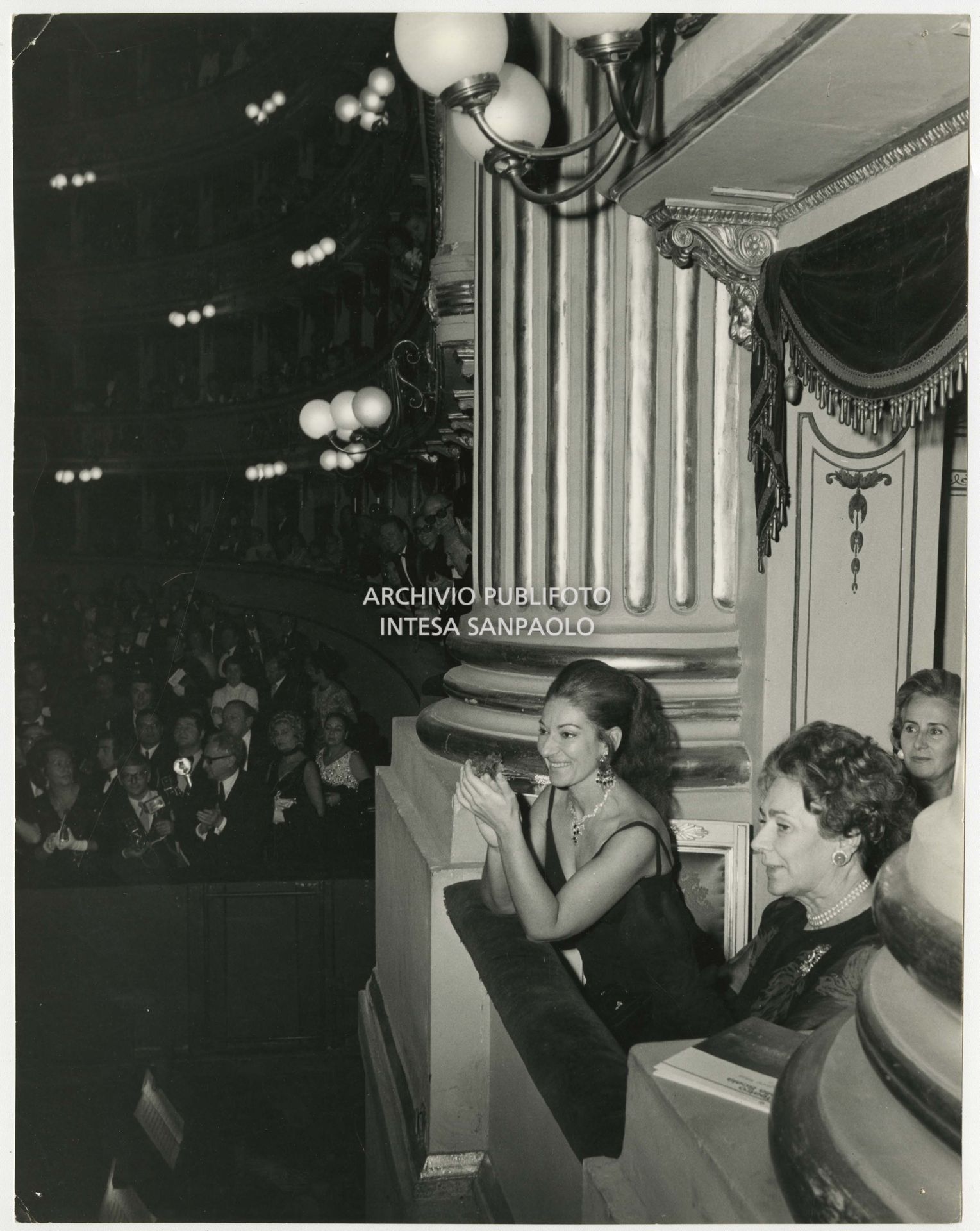 Maria Callas with Wally Toscanini at the opening of the opera season at La Scala, with Giuseppe Verdi's I vespri siciliani