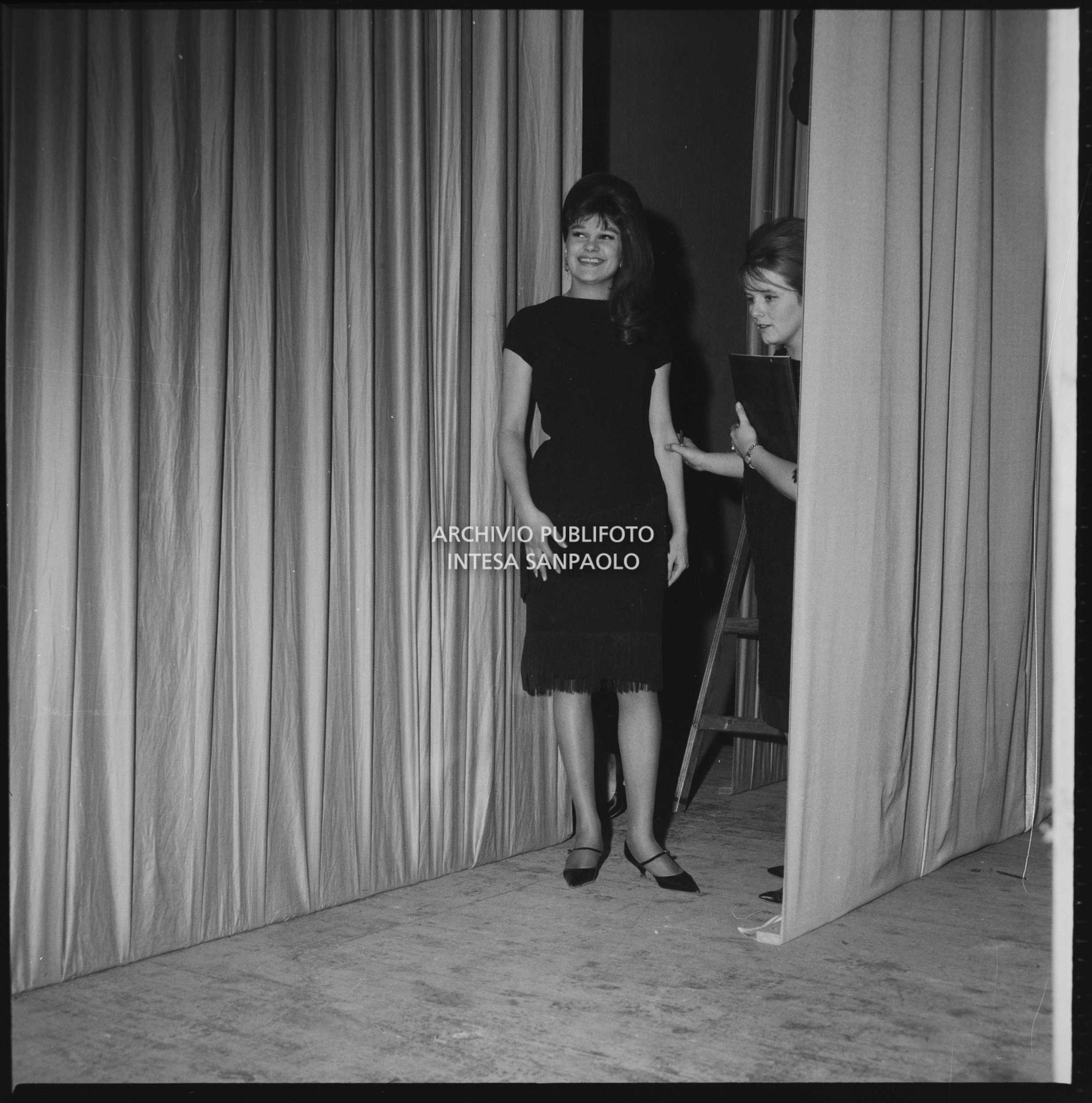 Milva backstage at the 12th Sanremo Festival, waiting to go on stage