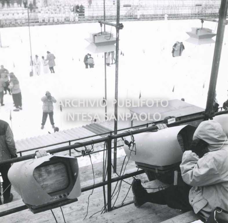 Journalists' stations in the stands at the Snow Stadium