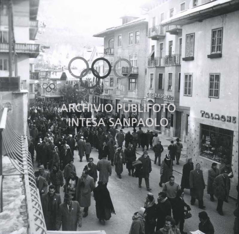 Corso Italia in Cortina d'Ampezzo, packed with people during the 7th Winter Olympic Games