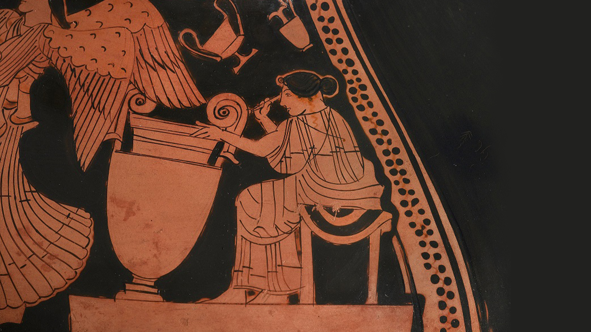 Attic red-figure hydria (kalpis) Leningrad Painter (detail), 470-460 BC - Depiction: Coronation of ceramic painters by Athena and two Nikai.